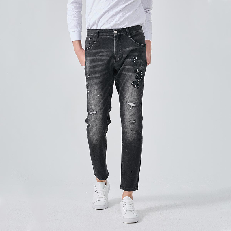 LIU·JOUOMO猫须破洞串珠牛仔裤