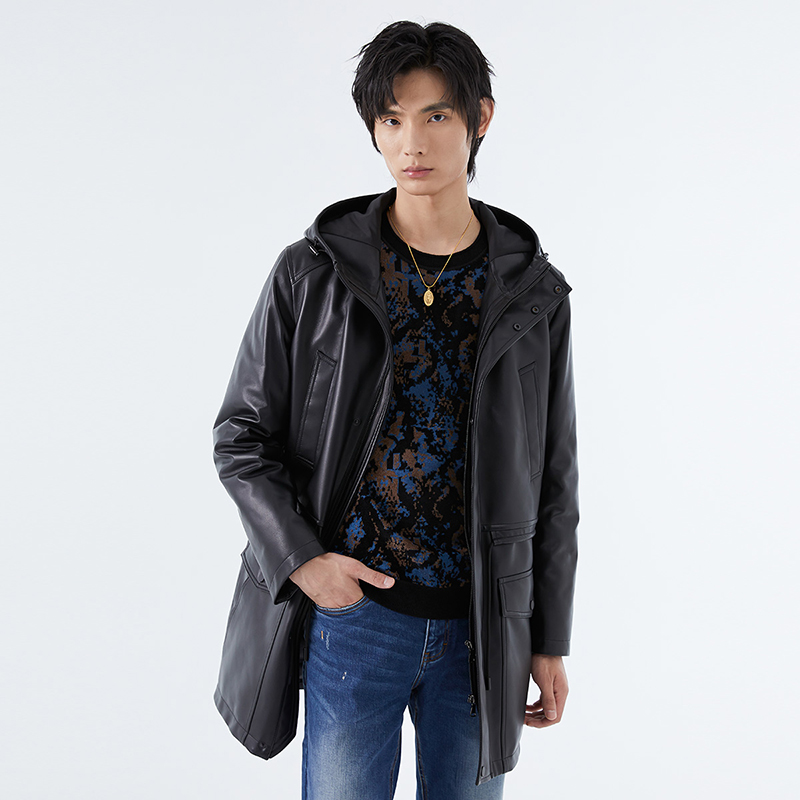 LIU·JO UOMO男士秋冬款休闲舒适连帽厚款羽绒羊皮革长款皮衣外套