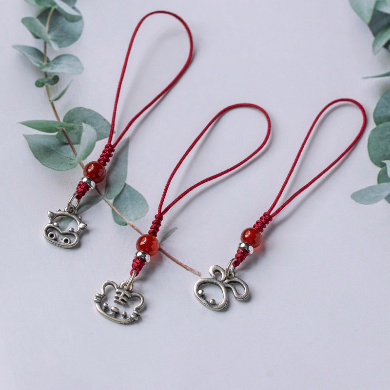 加噜925纯银十二生肖手机链复古本命年龙兔老虎包包挂件u盘挂件小