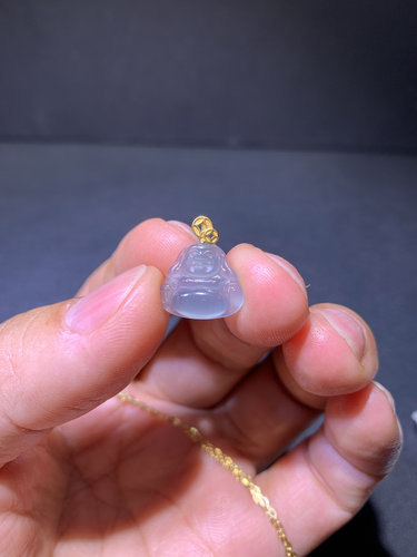 岁岁纳福天然翡翠A货佛公18k金扣吊坠玉佛小精美锁骨弥勒笑佛挂