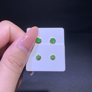 天然A货翡翠冰种阳绿蛋面经典圆耳钉S925银镀金女款精品玉石耳饰