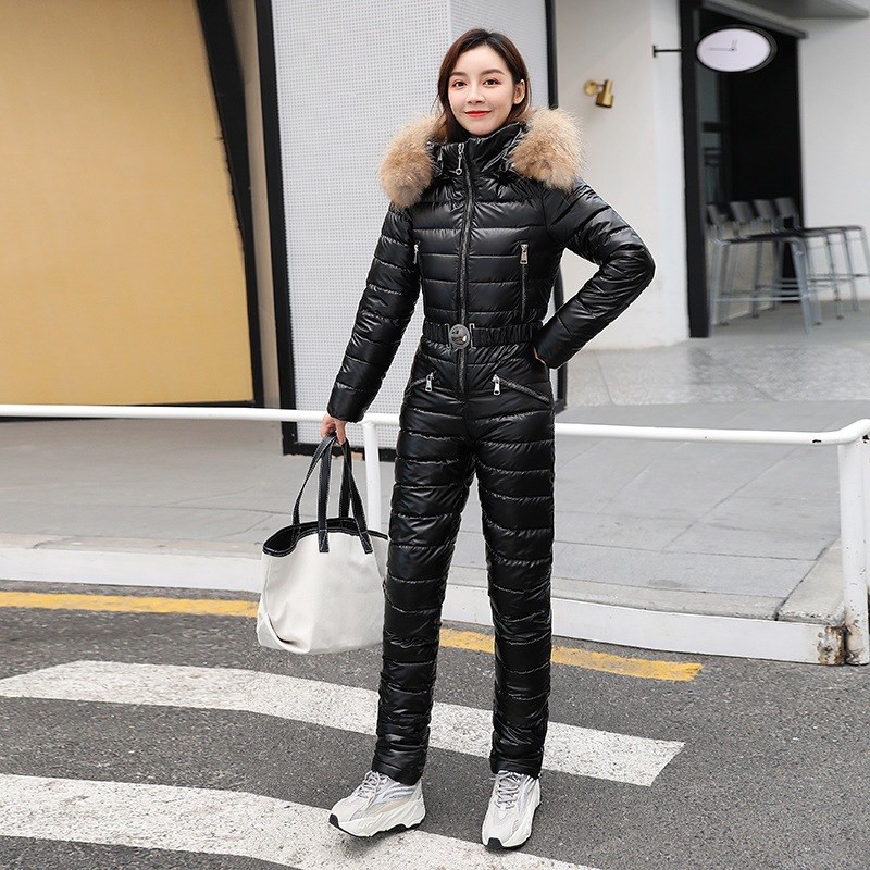 俄罗斯成人连体羽绒棉服女士烫银E色滑雪套装天然大宽貉毛领