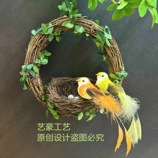 仿真小鸟藤环挂饰花园庭院创意羽毛仿真鸟巢草窝幼儿园装饰品吊饰