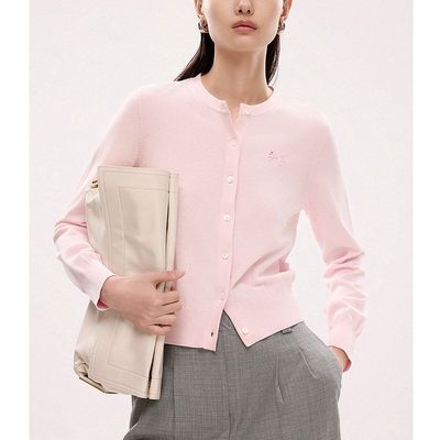 2025年夏新款气质优雅短款开衫淡粉色圆领长袖针织衫