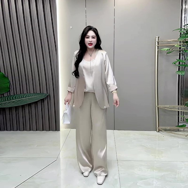2025新款高档气质大码女装胖MM珠光感时尚醋酸缎西服裤子背心套装