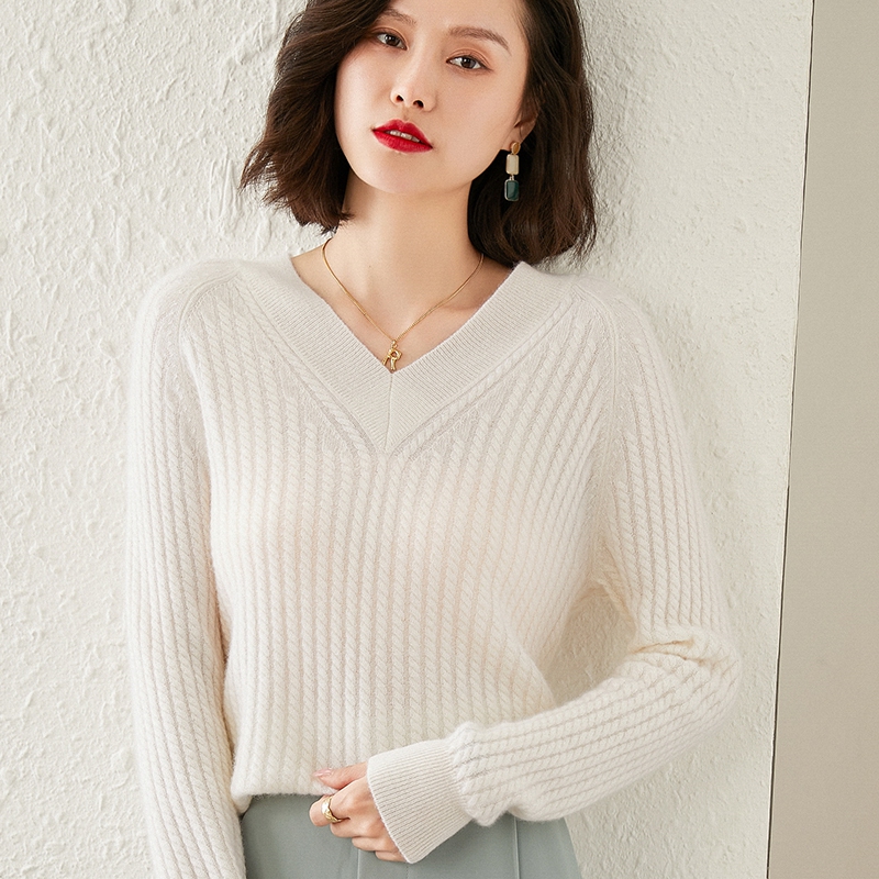 100纯山羊绒V领针织羊绒衫女套头显瘦打底螺纹毛衣秋冬季内搭上衣