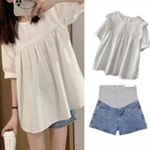 夏装 托腹牛仔短裤 时尚 孕妇套装 款 外出洋气宽松上衣衬衫 两件套夏季