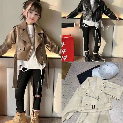 女童皮衣拉链衫2023春秋t款儿童洋气韩版女宝宝机车服外套夹克上