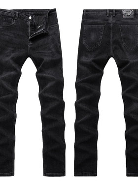 加长冬季黑色潮流宽松男士牛仔裤加D厚直筒休闲长裤子裤长115厘米