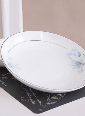 简约金边清新如花深口圆型骨v瓷碟子 陶瓷餐具家用圆形餐盘菜盘子
