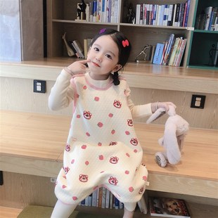 宝宝纯棉加厚无袖连身衣儿童夹棉背心睡袍男童卡通睡袋女童草莓熊