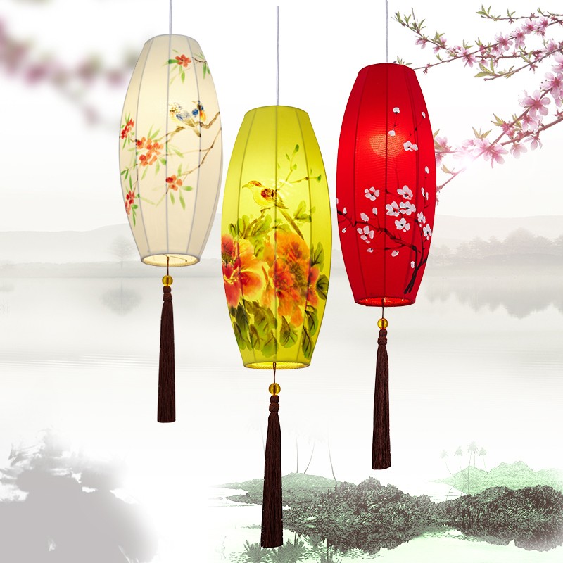 新中式布艺手绘画橄榄灯创意餐厅D火锅店红灯笼吊灯仿古宫灯灯具