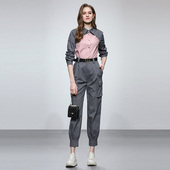 风套装 2024c春季 休闲工装 气质撞色拼接假两件衬衣九分束脚裤 新款