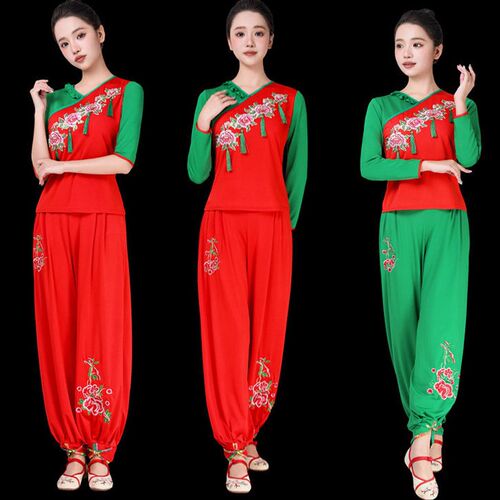 新款牛奶丝绣花广场舞服装女中年秧歌F舞长袖中袖灯笼裤表演服新