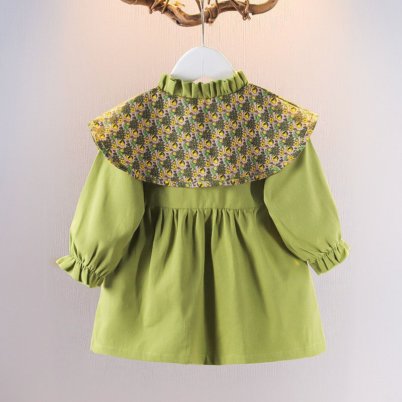 女童连衣裙牛油果绿色碎花小清新森系G小童春秋款宝宝长袖翻领裙