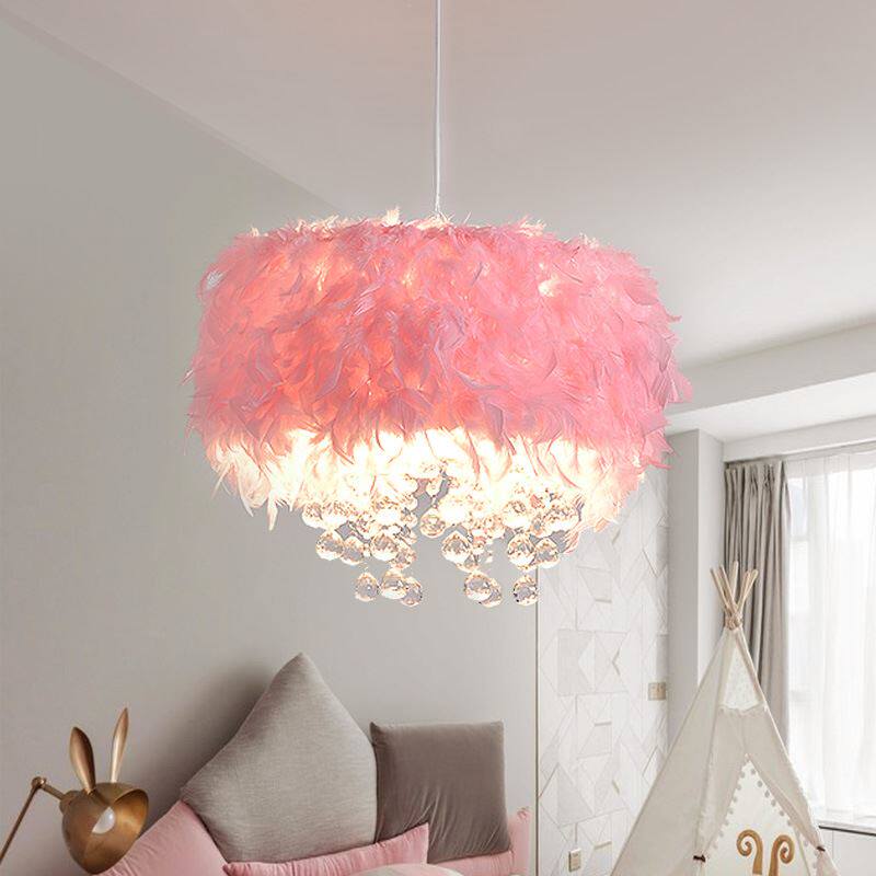 羽毛灯公主ins少女羽毛吊灯北欧卧室温馨创意女孩女童儿童房间灯