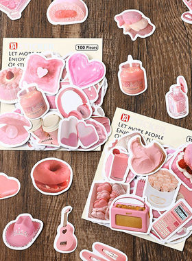 100张粉色小物件涂鸦贴纸 粉嫩级感小清新装饰手账本防水小贴画