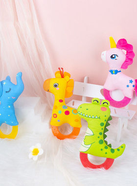 婴儿牙胶摇铃0岁手摇铃新生儿玩具毛绒安抚玩具