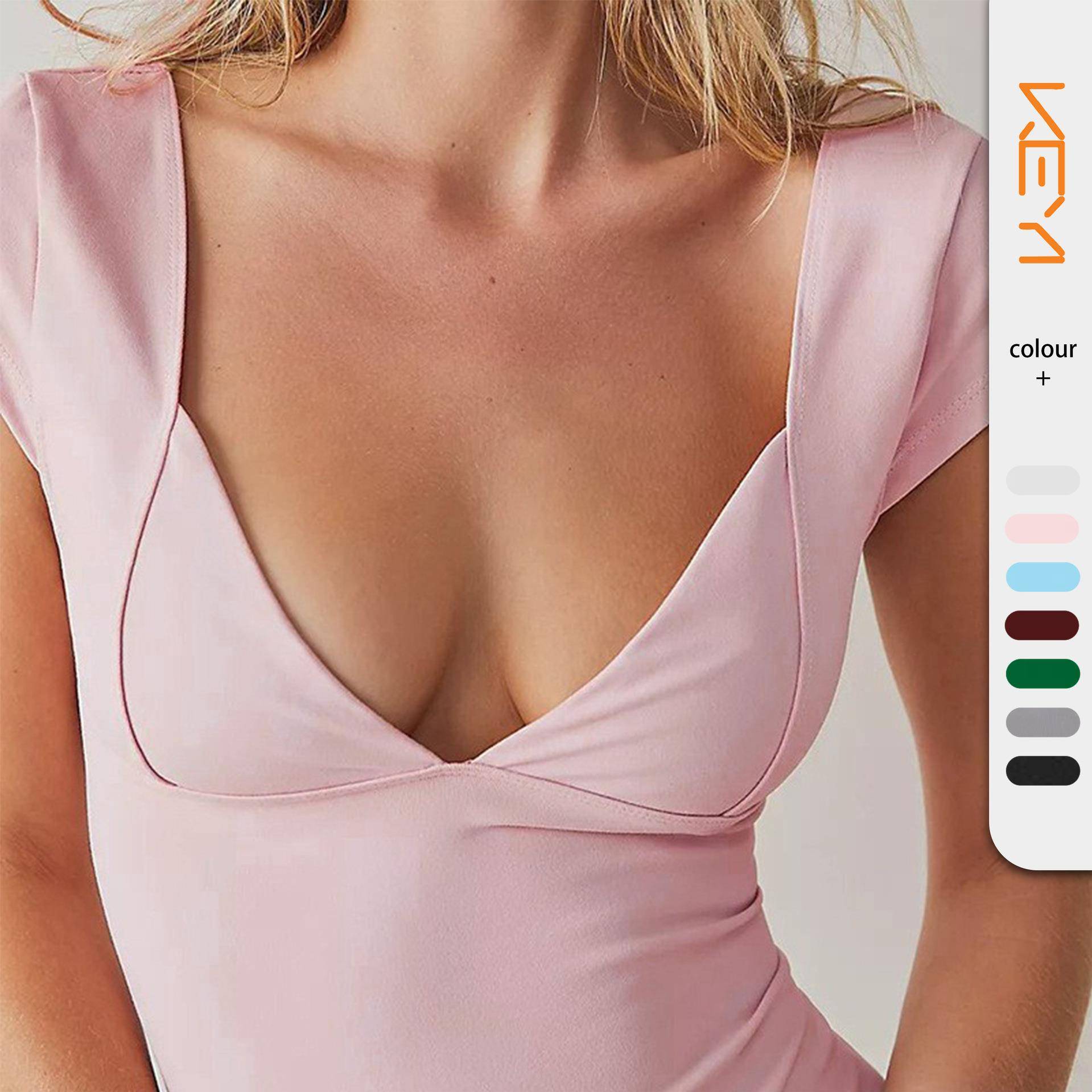 top T-shirt slim color solid wrap chest sexy low-cut V-neck