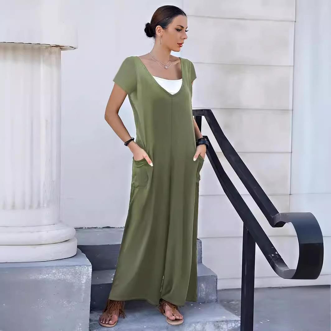 Creative solid color patch pocket fashion jumpsuit V-neck
