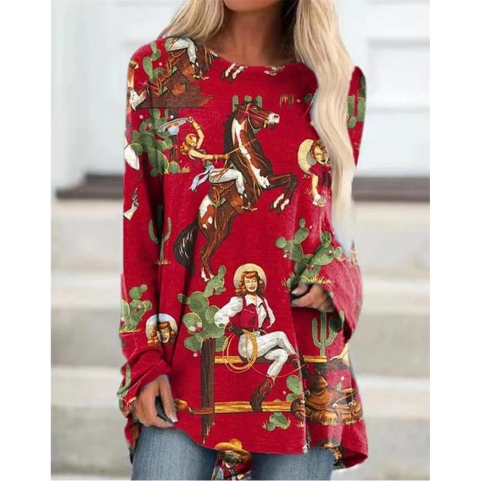 Women's Western Style Digital Long Sleeve Crew Neck T-Shirt