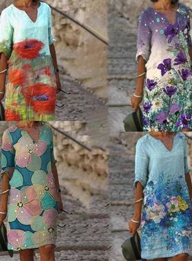 Flower rendering fashionable V-neck mid-sleeve mid-waist