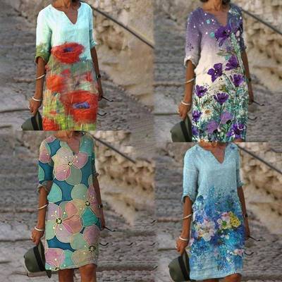 Flower rendering fashionable V-neck mid-sleeve mid-waist