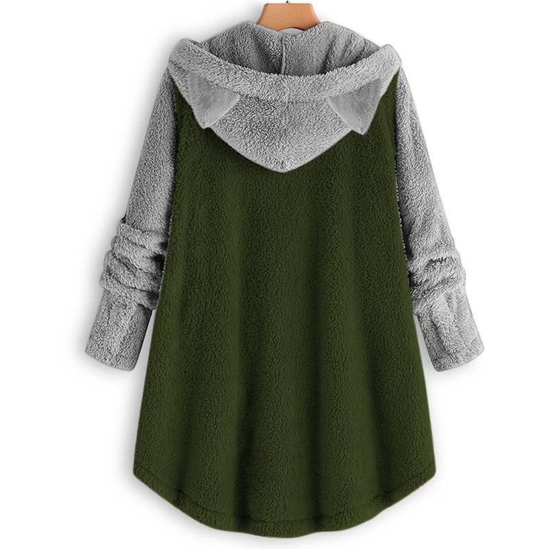 Button hooded cat ear fleece top irregular color matching