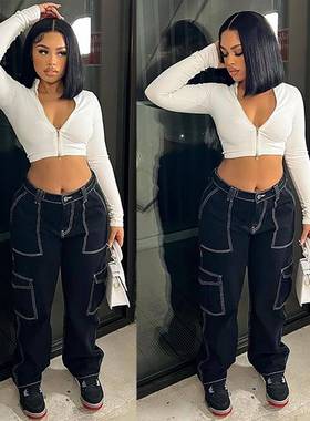 Pants Casual Straight Topstitched Waist High Fashion Street