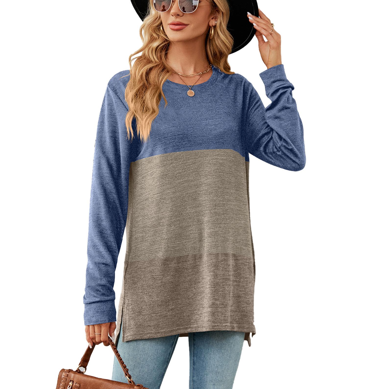 Solid contrast T-shirt loose neck stitching long round for