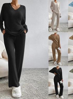 V-neck Two-piece straight knitted pants casual fashion