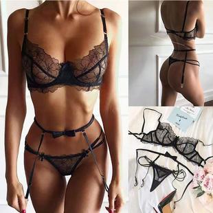 set three-piece garter lingerie sexy transparent bowknot