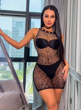 Sexy hollow see-through one-piece sexy hip skirt plus size