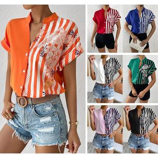 Button Cardigan Contrast Color Short Floral Womens Shirt