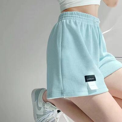 Waffle shorts loose sports shorts womens elastic waist wide