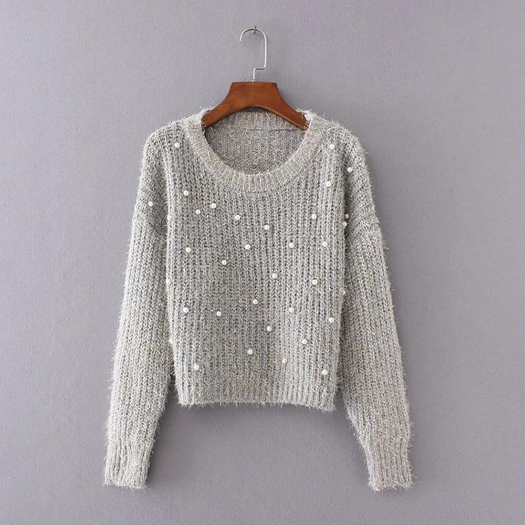 autumn new sequins sweater for women long round neck