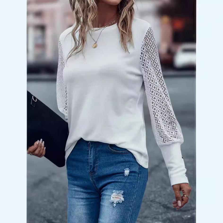 top pullover sleeve long casual lace neck round womens
