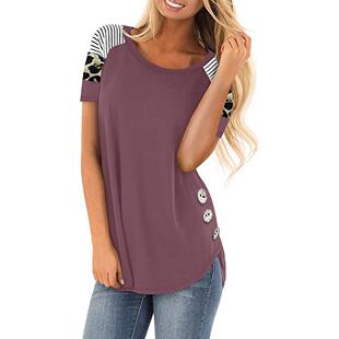 Color Stitching Stripe Leopard Button Contrast Womens Round