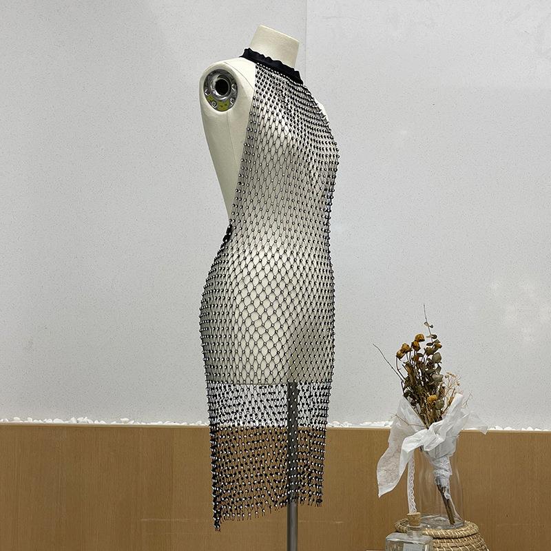 fantoye diamonds mesh sexy beach dress women hollow out