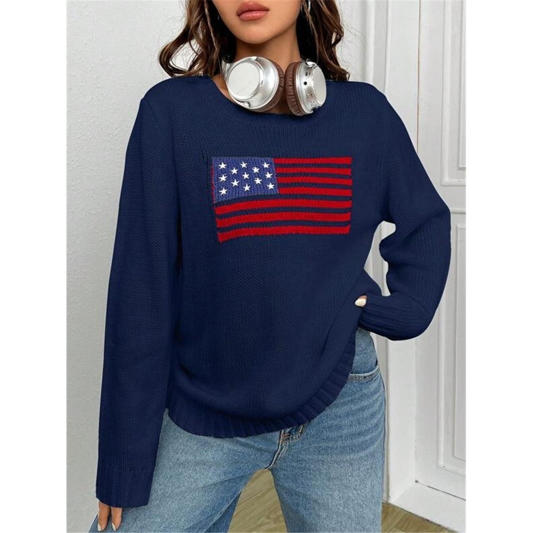 versatile sweater simple crew neck pattern knitted flag