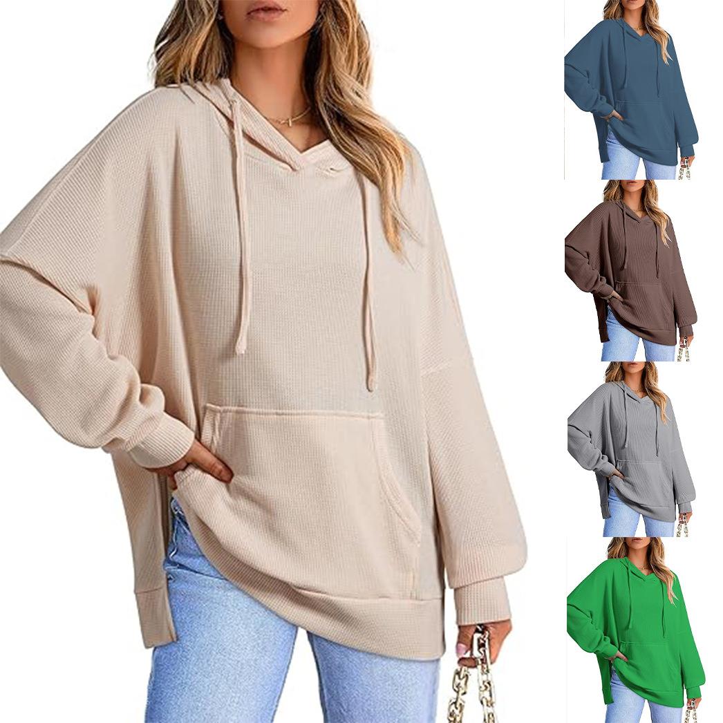 Womens Hoodie Waffle Knit Side Slit Pullover Sweatshirt
