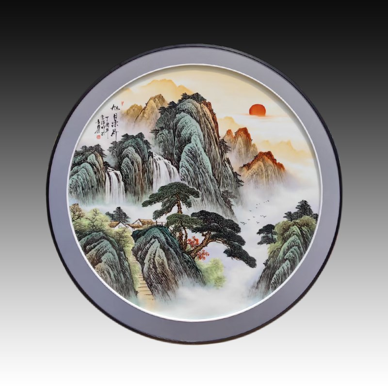 景德镇陶瓷手绘山水瓷板画客厅圆形挂画乔迁玄关卧室新中式装饰画