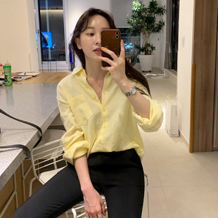春秋新款衬衫女浅淡黄显瘦洋气柠檬黄长袖女衬衣上衣鹅黄色打底衫