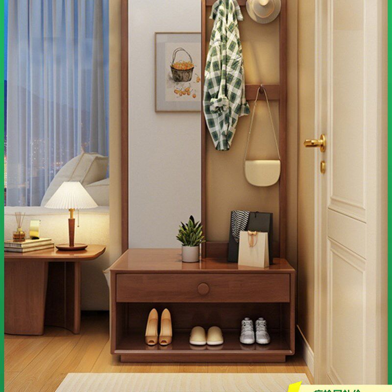 家逸实木衣帽架落地入户家用挂衣架穿衣镜换鞋凳一体多功能收纳架