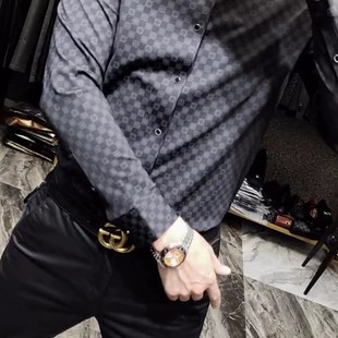 百搭格子翻领衬衫 男士 男款 长袖 商务免熨烫内搭小 C02秋季 修身 新款