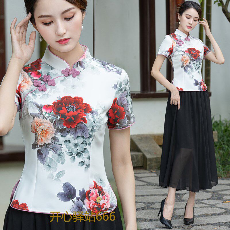 改良旗袍上衣日常可穿中国风女装短款妈妈装短袖茶服复古演出唐装