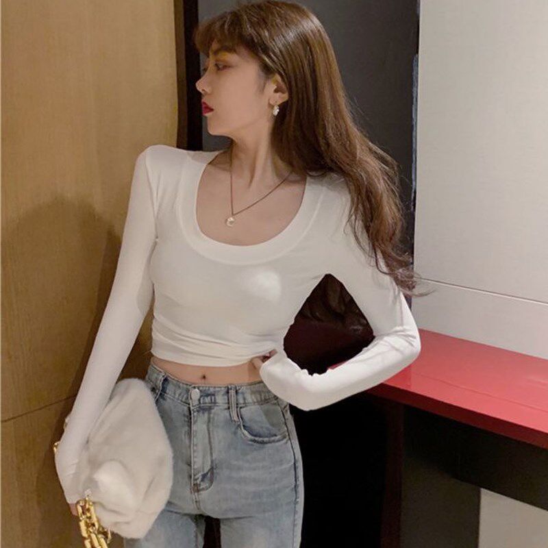 黑色u领加绒打底衫女时尚低领内搭春秋紧身上衣洋气修身长袖t恤衫