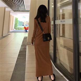 超长到脚踝针织连衣裙 螺纹长袖过膝内搭长裙 春秋薄款直筒打底裙