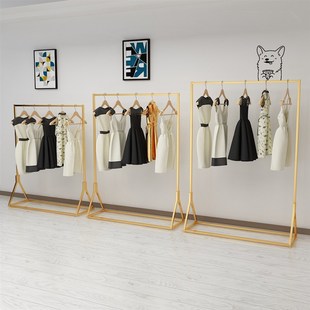服装展示架金色方管铁艺展销会侧挂衣架婚纱礼服带轮龙门架铁架子