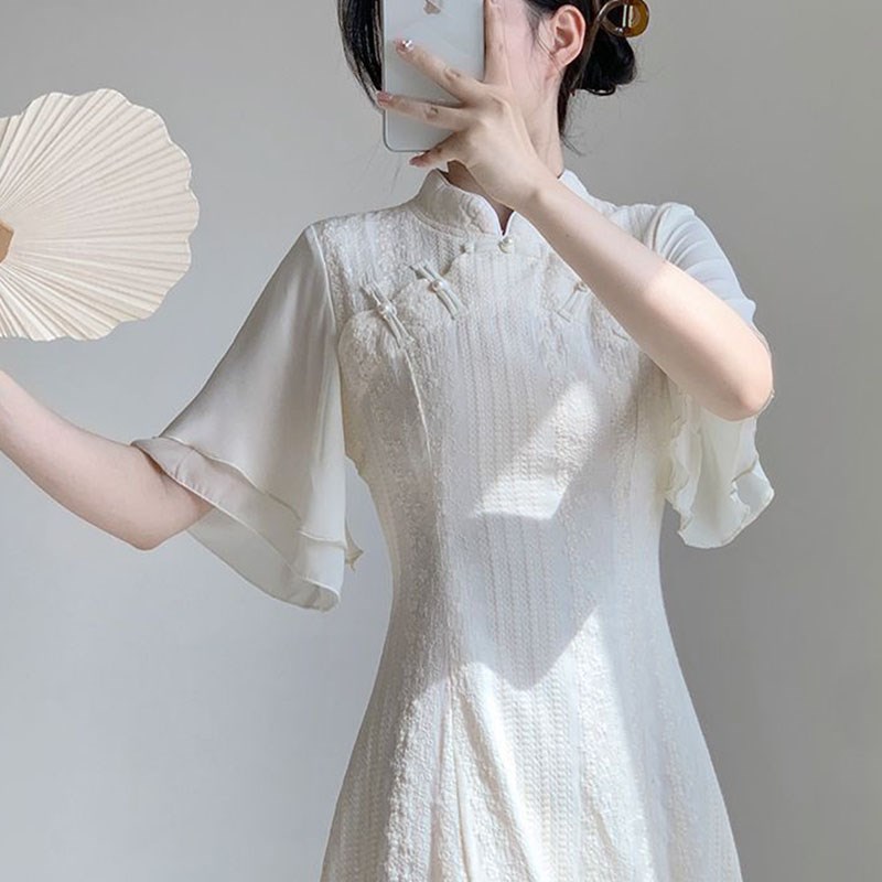 新中式女装国风半袖连衣裙女夏季高级感收腰小个子改良旗袍连衣裙